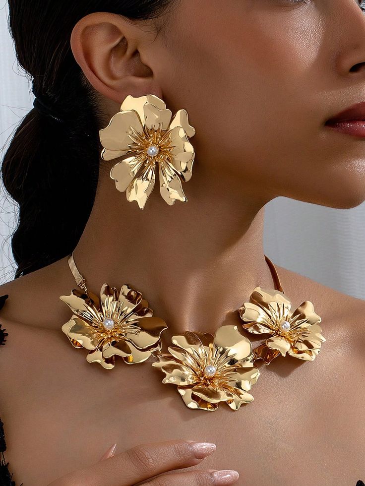 3pcs Luxurious, Elegant And Charming Pearl & Flower Pendant Necklace And Earrings Set For Women, Perfect For Parties And Gifting